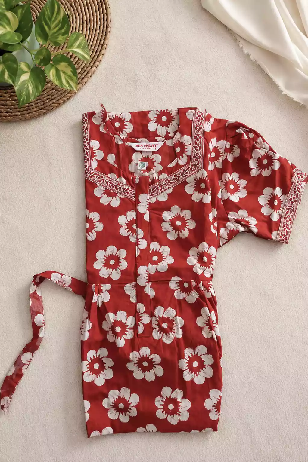 Red Feeding Frock with Back Tie Rope and Puff Sleeves - Mangai Nighties