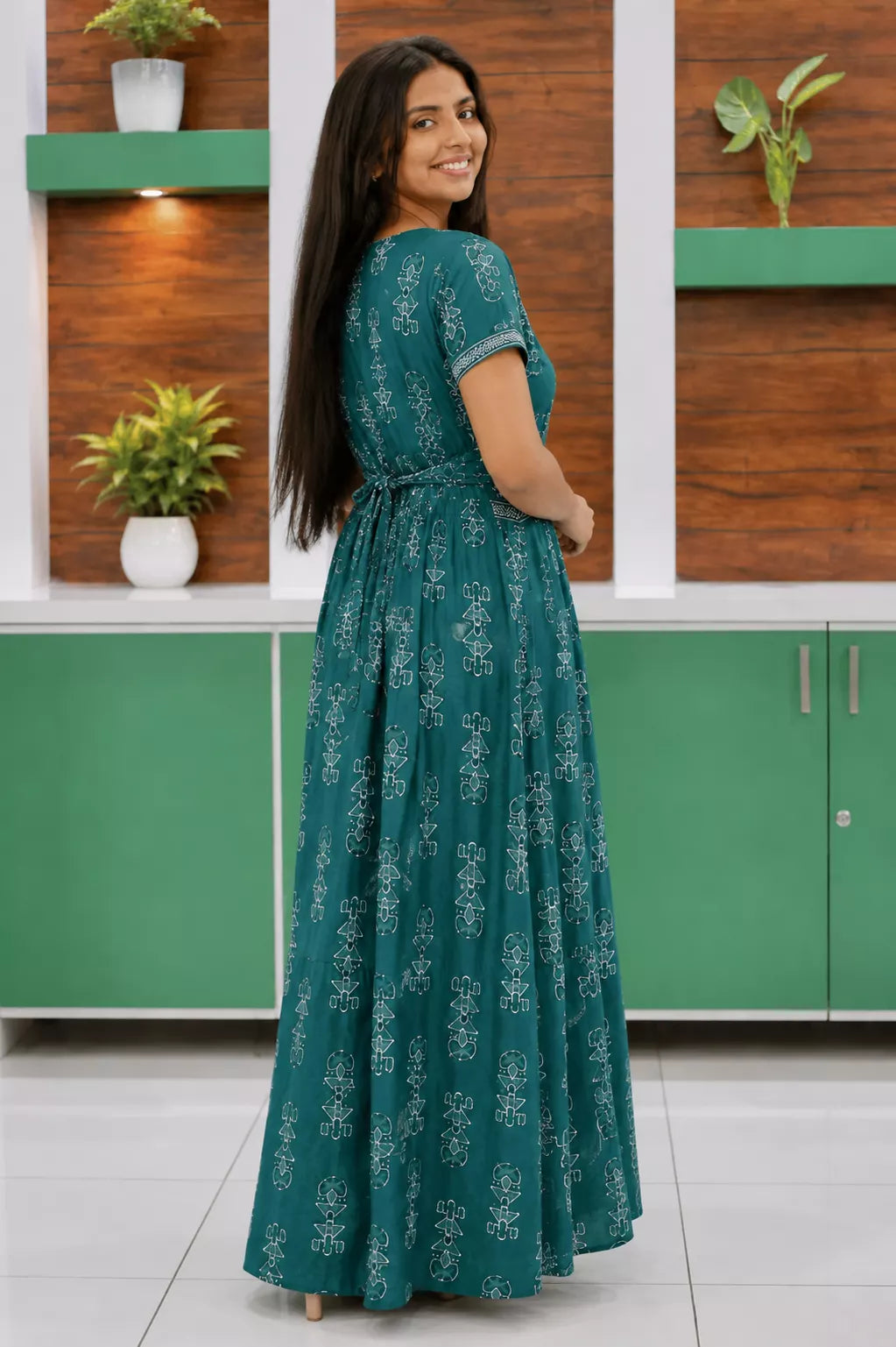 Teal Green Jaipur Cotton Feeding Frock with Back Tie and Zipper