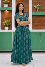 Teal Green Jaipur Cotton Feeding Frock with Zipper and Pockets - Mangai Nighties
