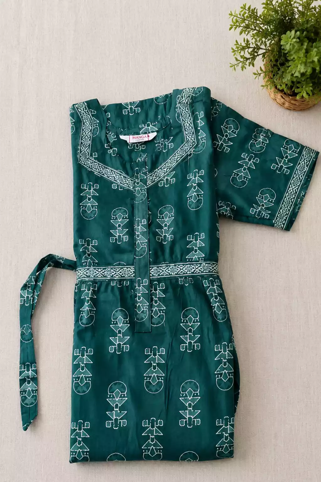 Teal Green Jaipur Cotton Frock with Back Tie and Pockets - Mangai Nighties