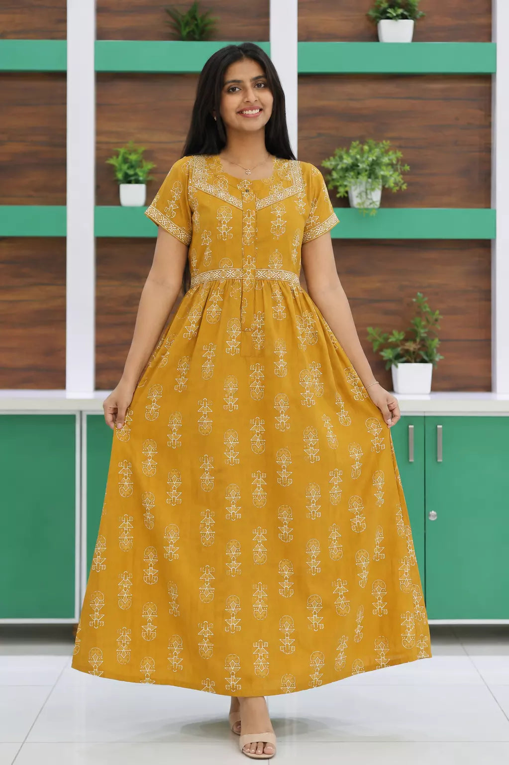 Yellow Jaipur Cotton Feeding Frock with Back Tie and Zipper - Mangai Nighties