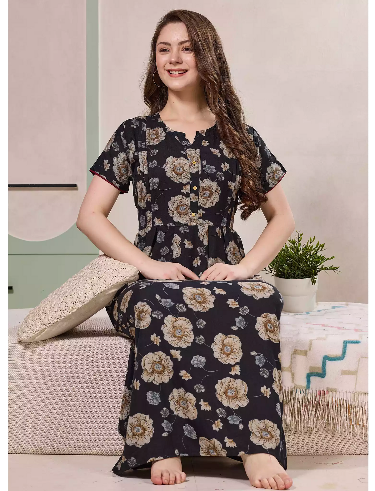 Floral Print Alpine Pleated Kurti Nighty with Pocket - Mangai Nighties