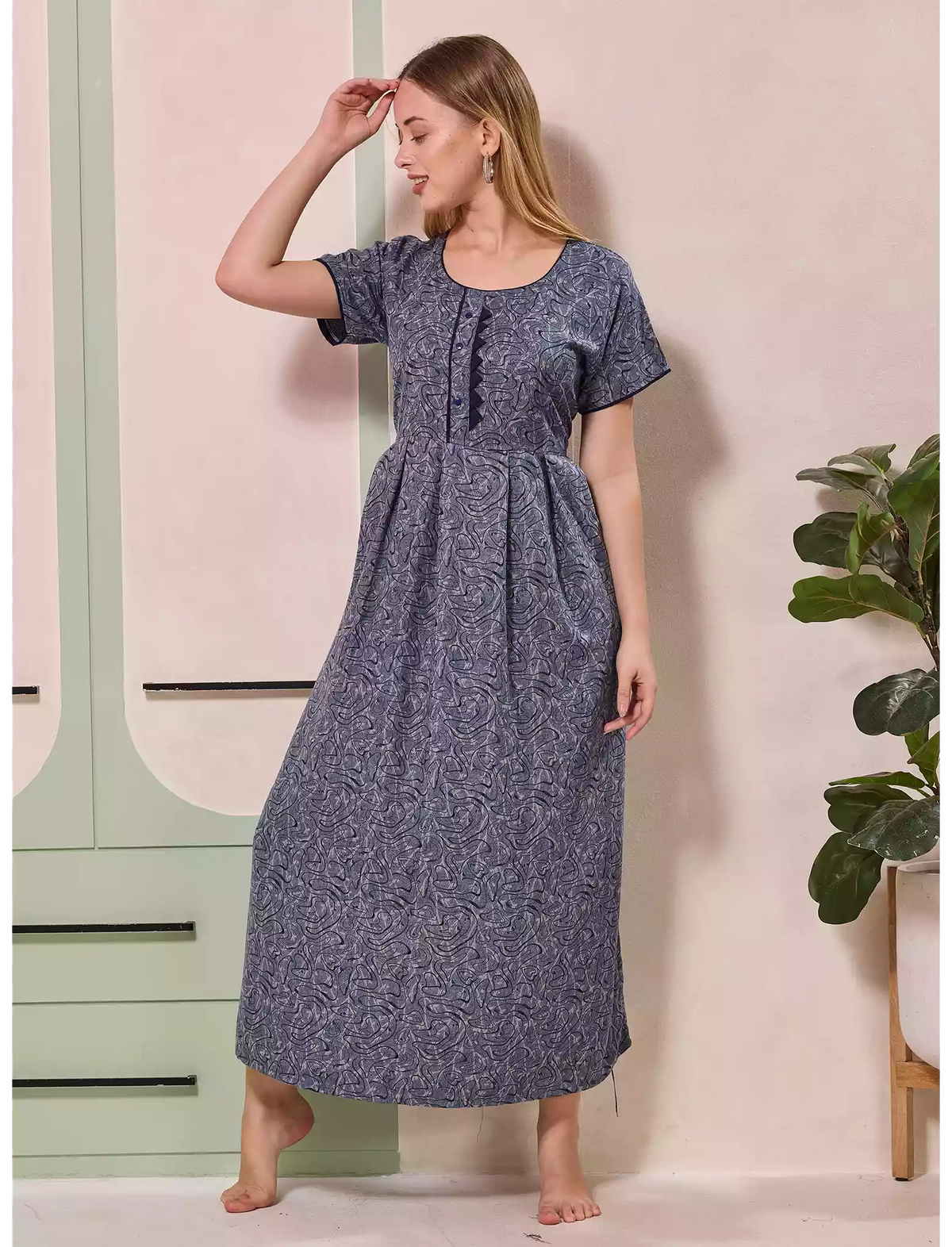 Abstract Print Alpine Pleated Kurti Style Nighty - Mangai Nighties