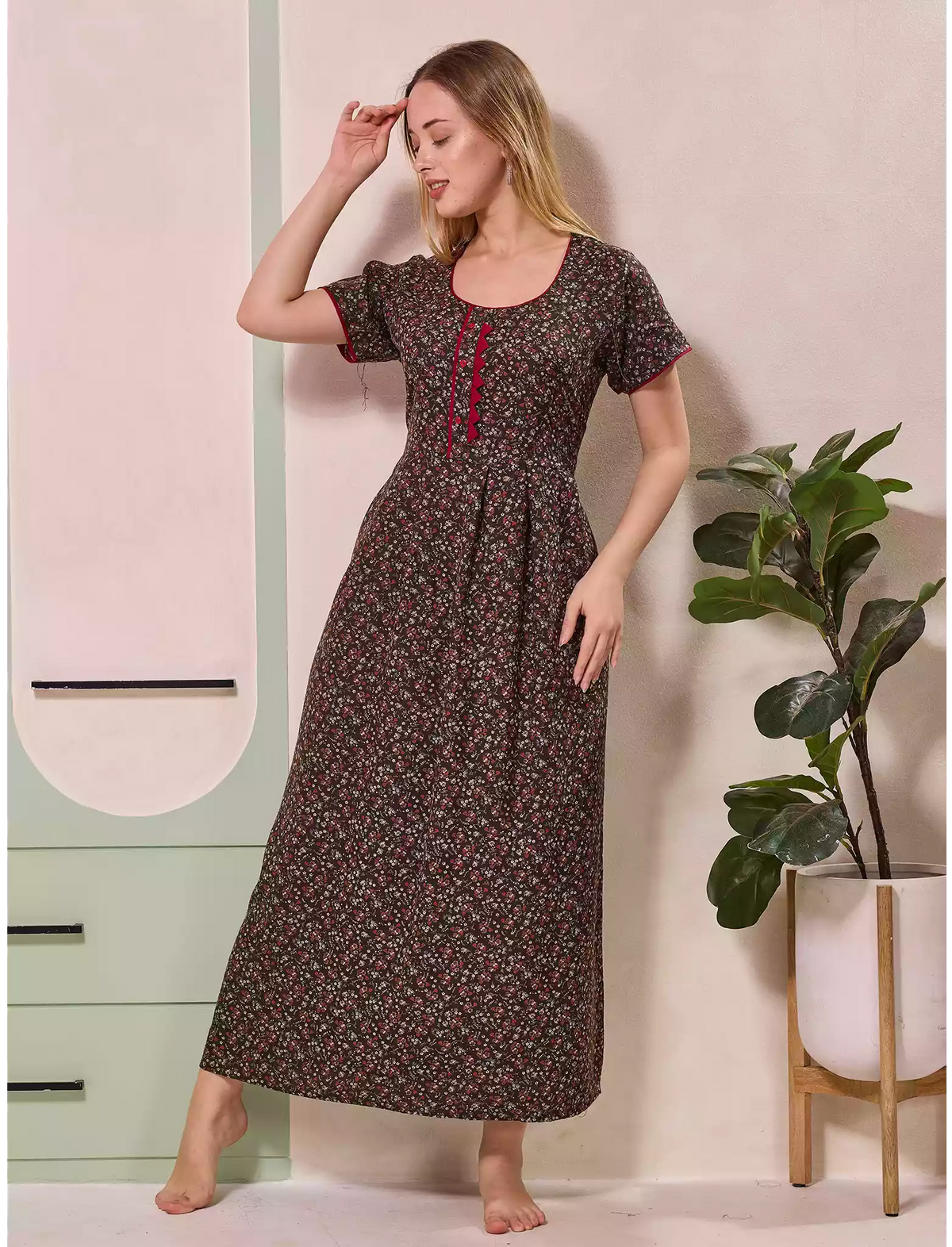 Tiny Floral Print Alpine Pleated Kurti Style Nighty - Mangai Nighties