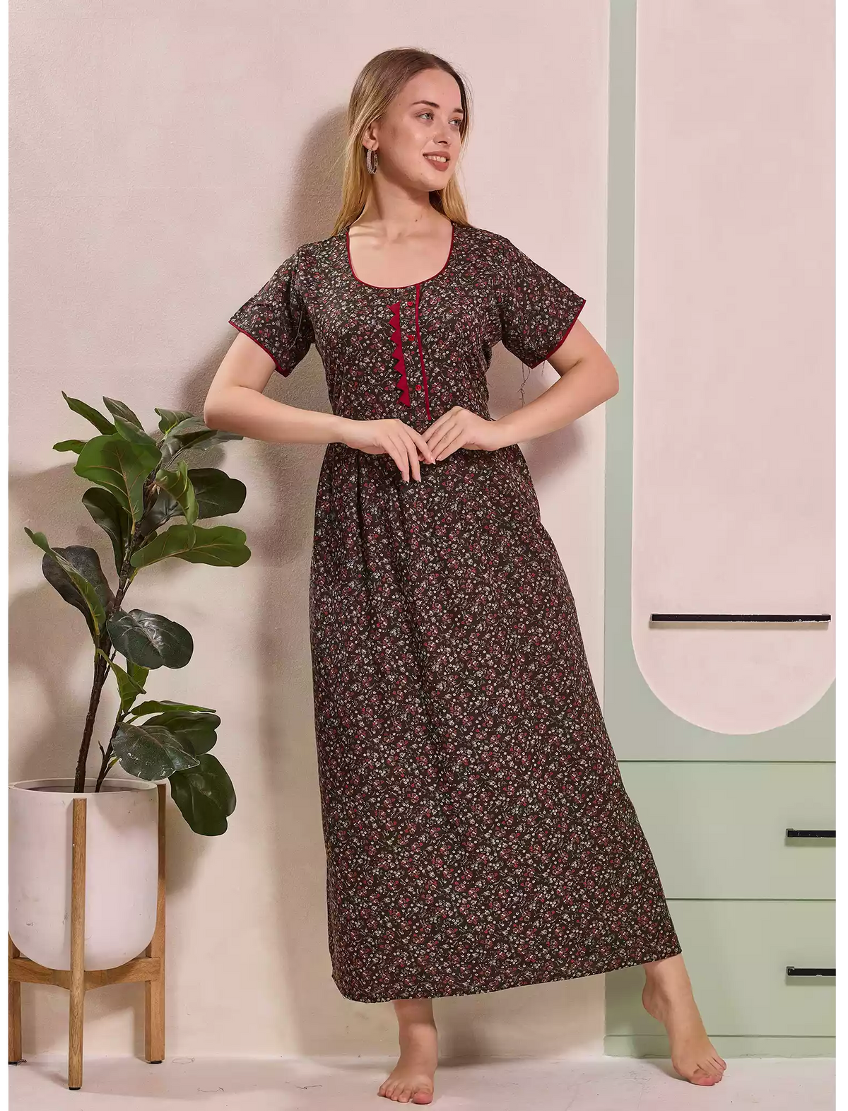 Tiny Floral Print Alpine Pleated Kurti Style Nighty - Mangai Nighties