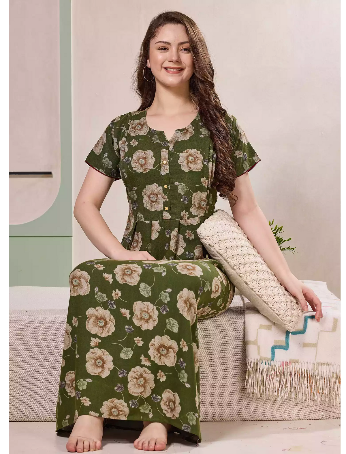 Floral Print Alpine Pleated Kurti Nighty with Pocket - Mangai Nighties