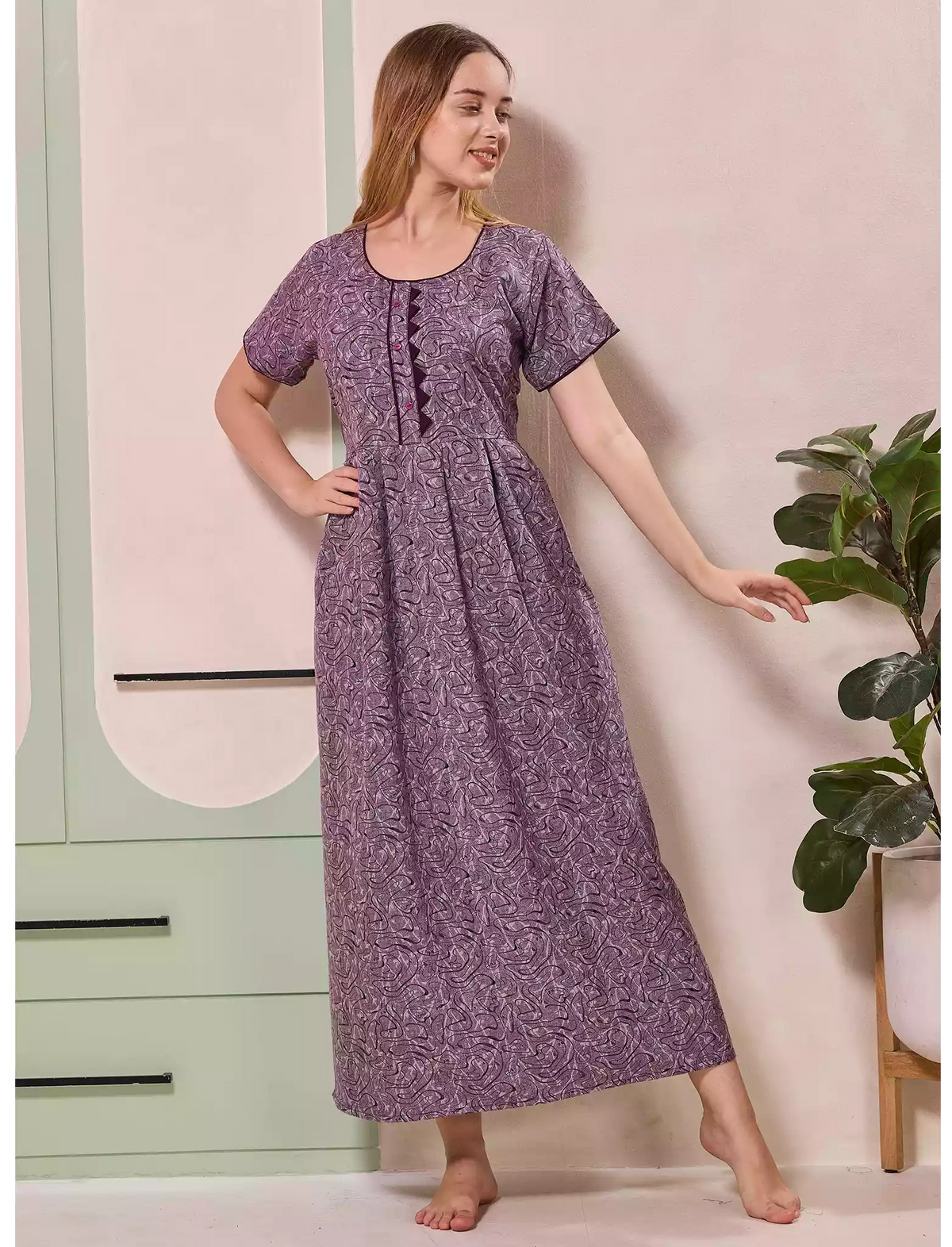 Abstract Print Alpine Pleated Kurti Style Nighty - Mangai Nighties