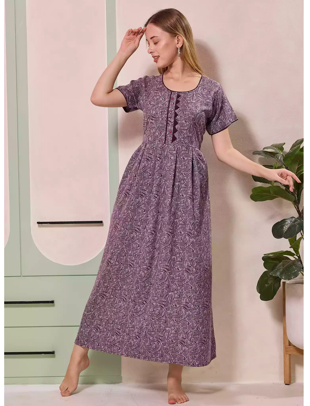 Abstract Print Alpine Pleated Kurti Style Nighty - Mangai Nighties