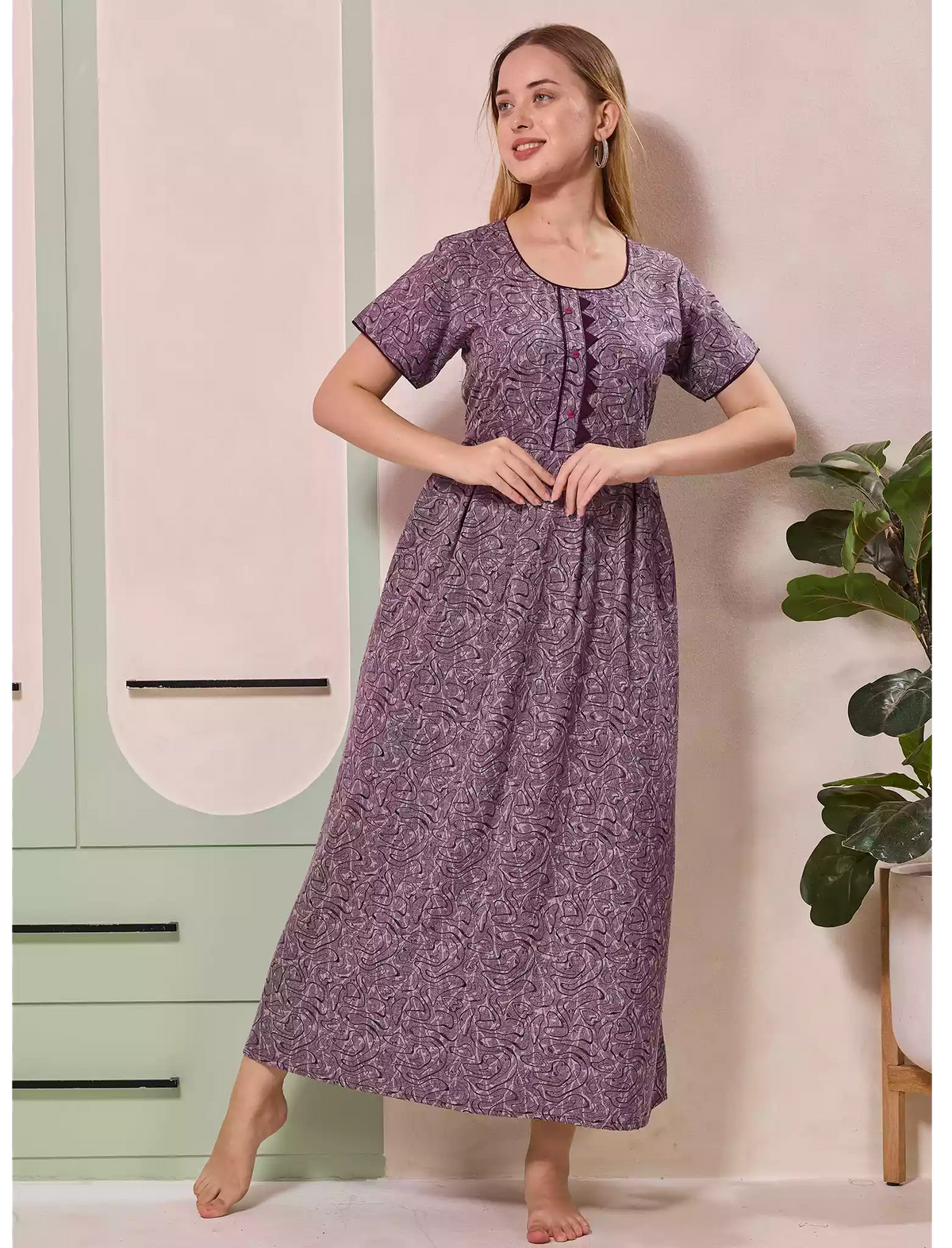 Abstract Print Alpine Pleated Kurti Style Nighty - Mangai Nighties