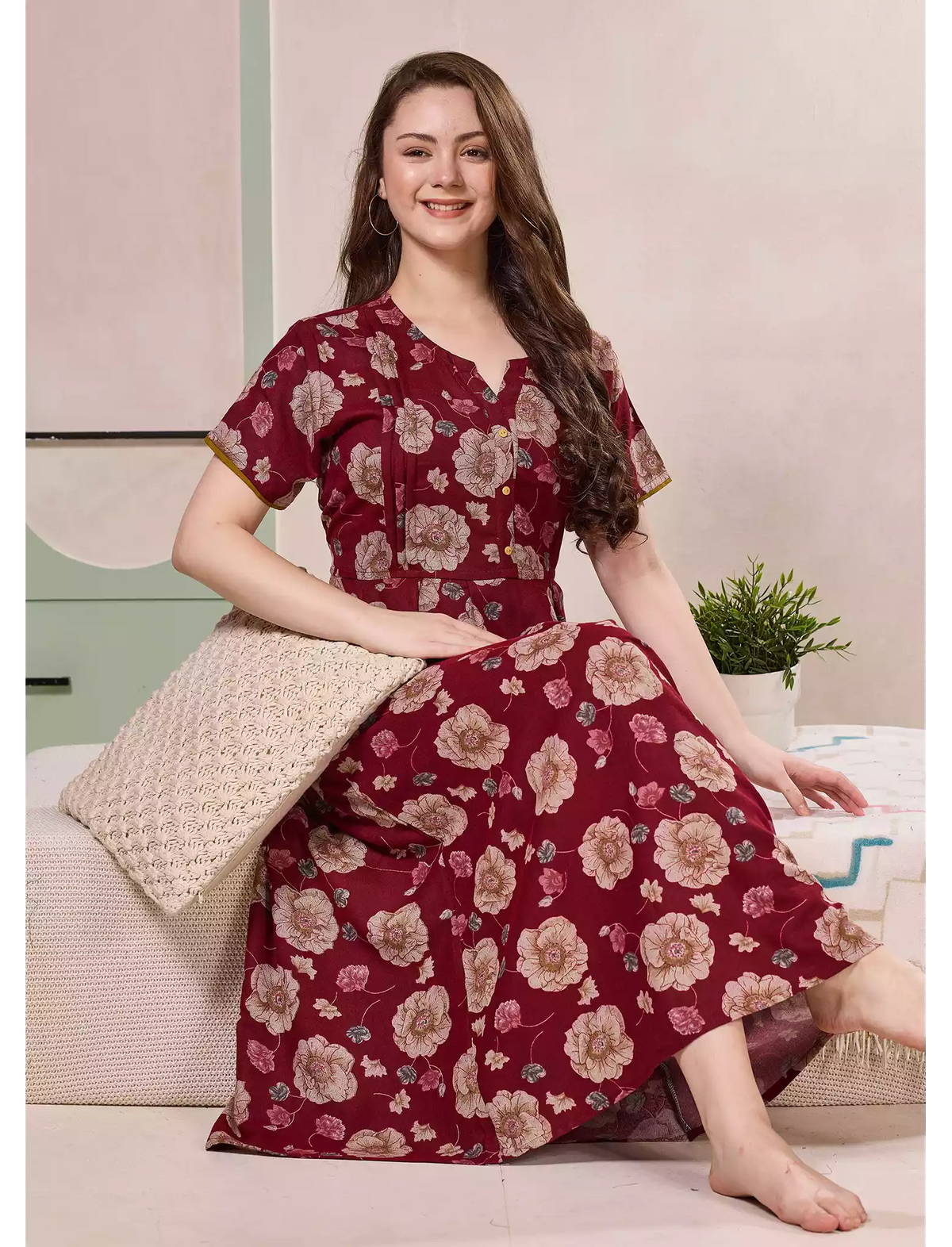 Floral Print Alpine Pleated Kurti Nighty with Pocket - Mangai Nighties