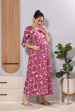 Pink Pregnancy and Nursing Maxi Dress with Invisible Feeding Zippers - Mangai Nighties