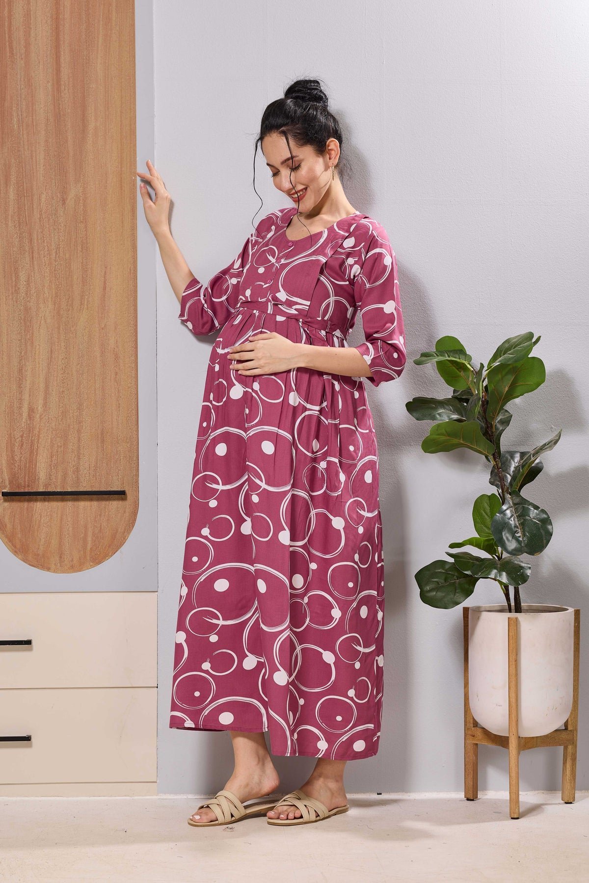 Long Maternity Nursing Dress with Hidden Feeding Zippers - Mangai Nighties