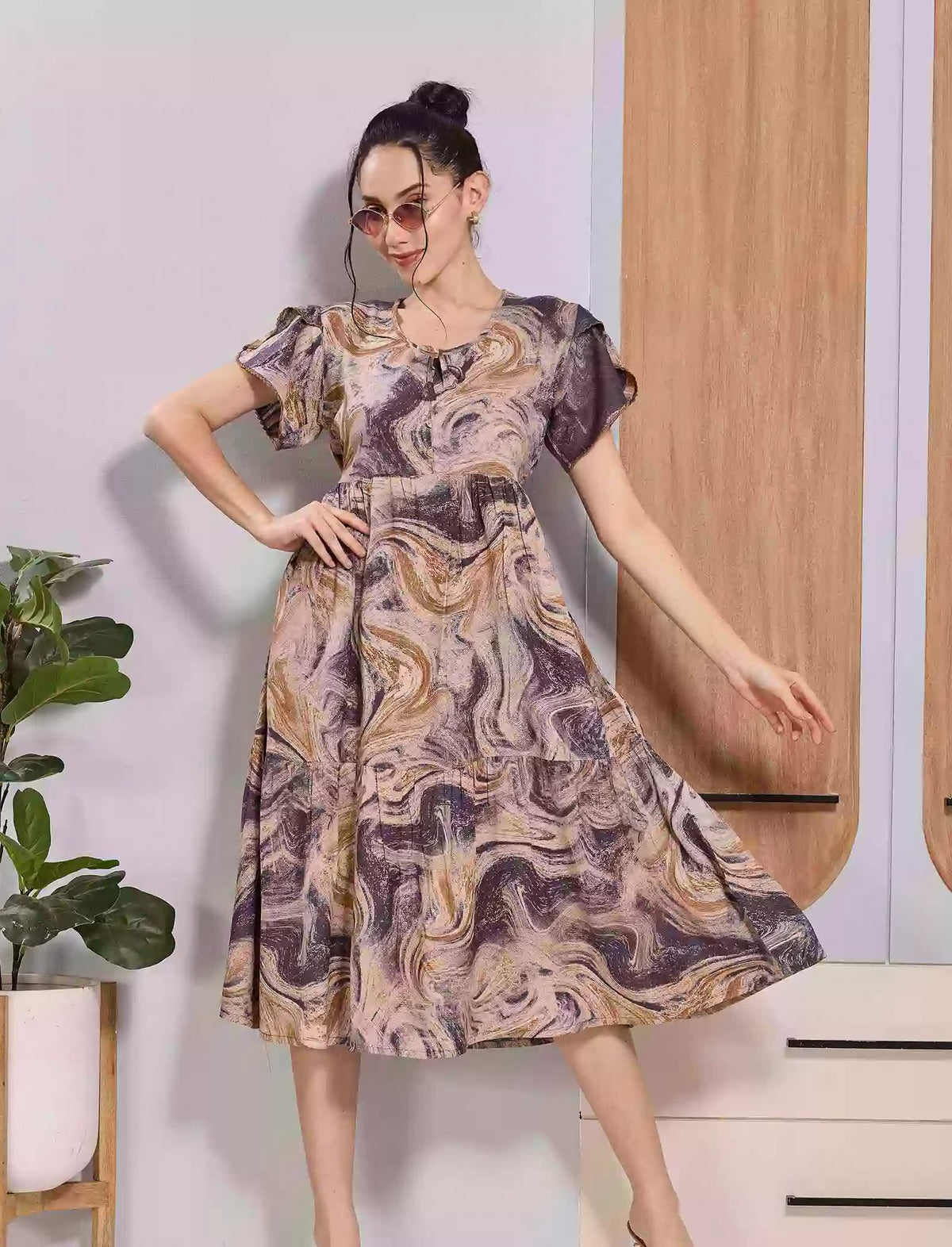 Beige Marble Print Comfortable Flared Rayon Maxi Frock - Mangai Nighties