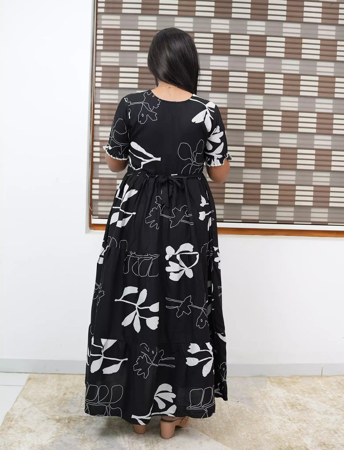 Black Rayon Maxi Frock Back Tie Rope Side Pocket - Mangai Nighties
