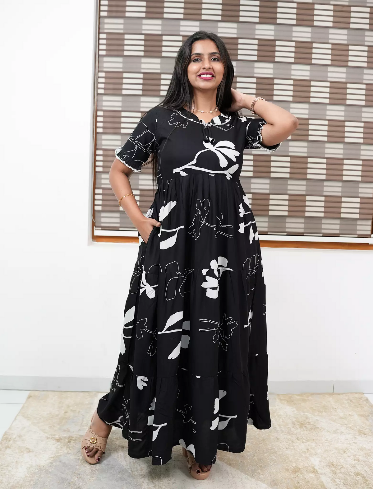 Black Beige Printed Long Frock with Bow Neck Side View - Mangai Nighties
