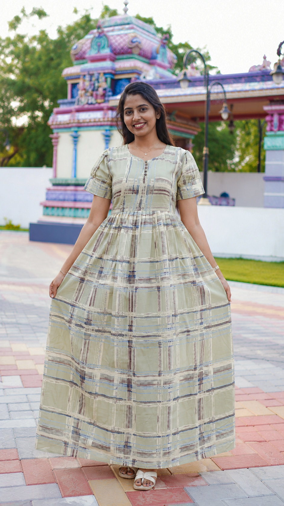 Rayon Check Print Long Frock with Side Pocket| Mangai Nighties