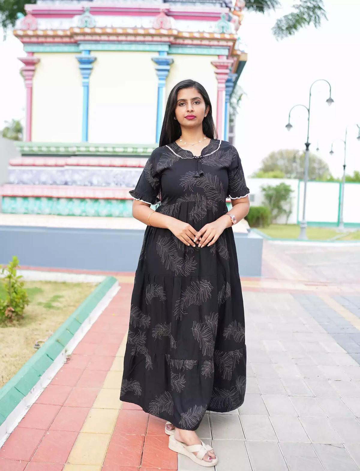 Black Beige Printed Long Frock with Bow Neck Side View - Mangai Nighties