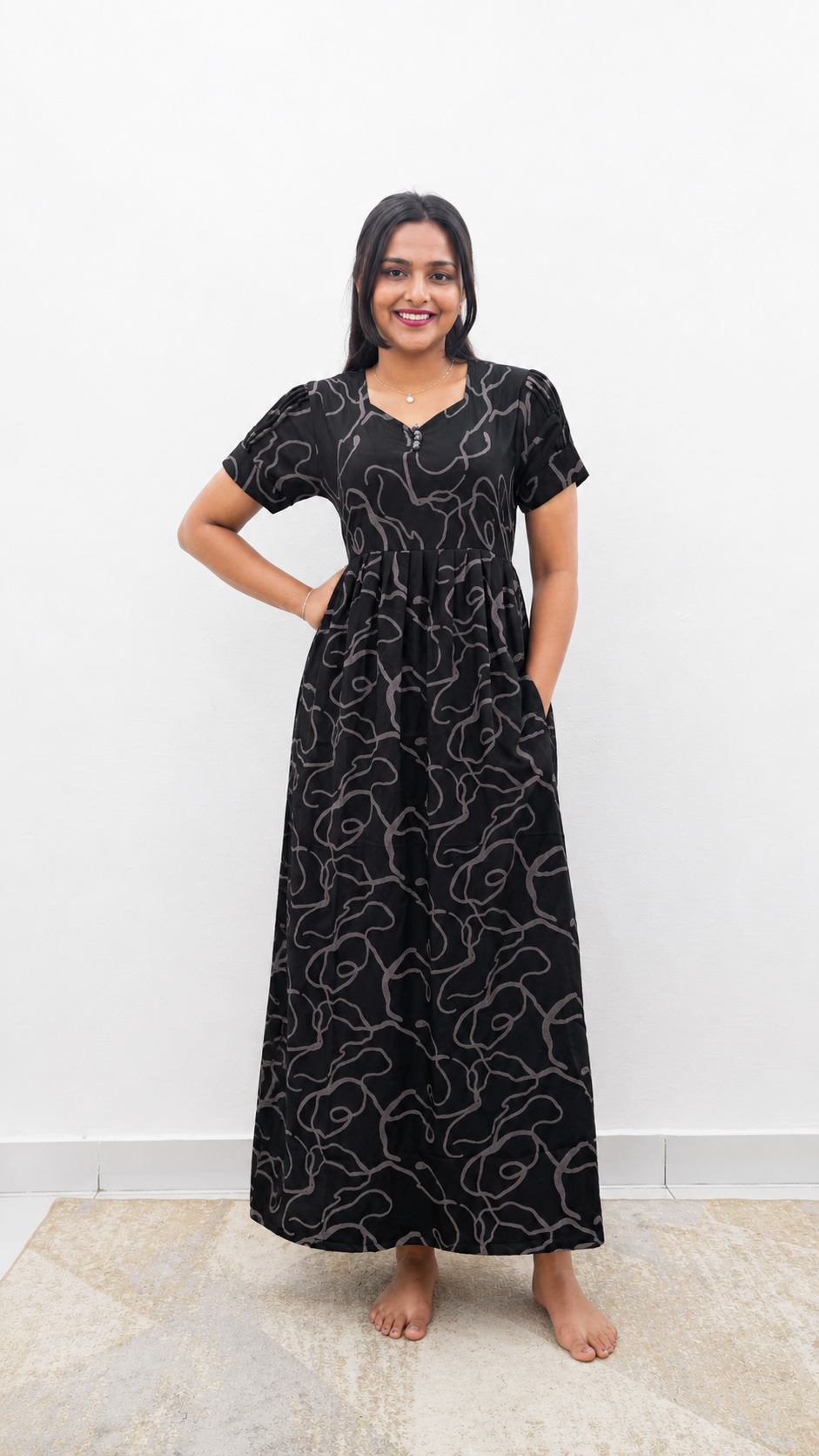 Rayon Abstract Print Long Frock with Pleated Sleeve| Mangai Nighties