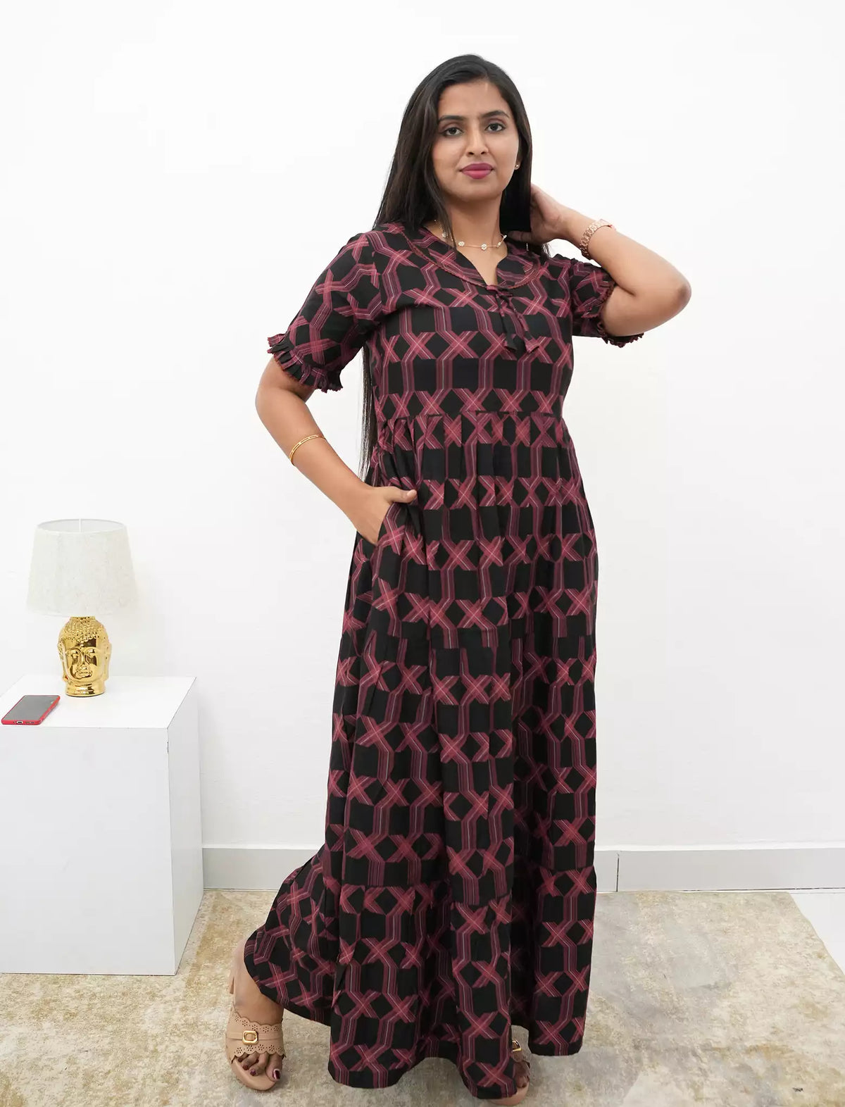 Casual Maroon Printed Long Frock with Bow Neck Side View - Mangai Nighties