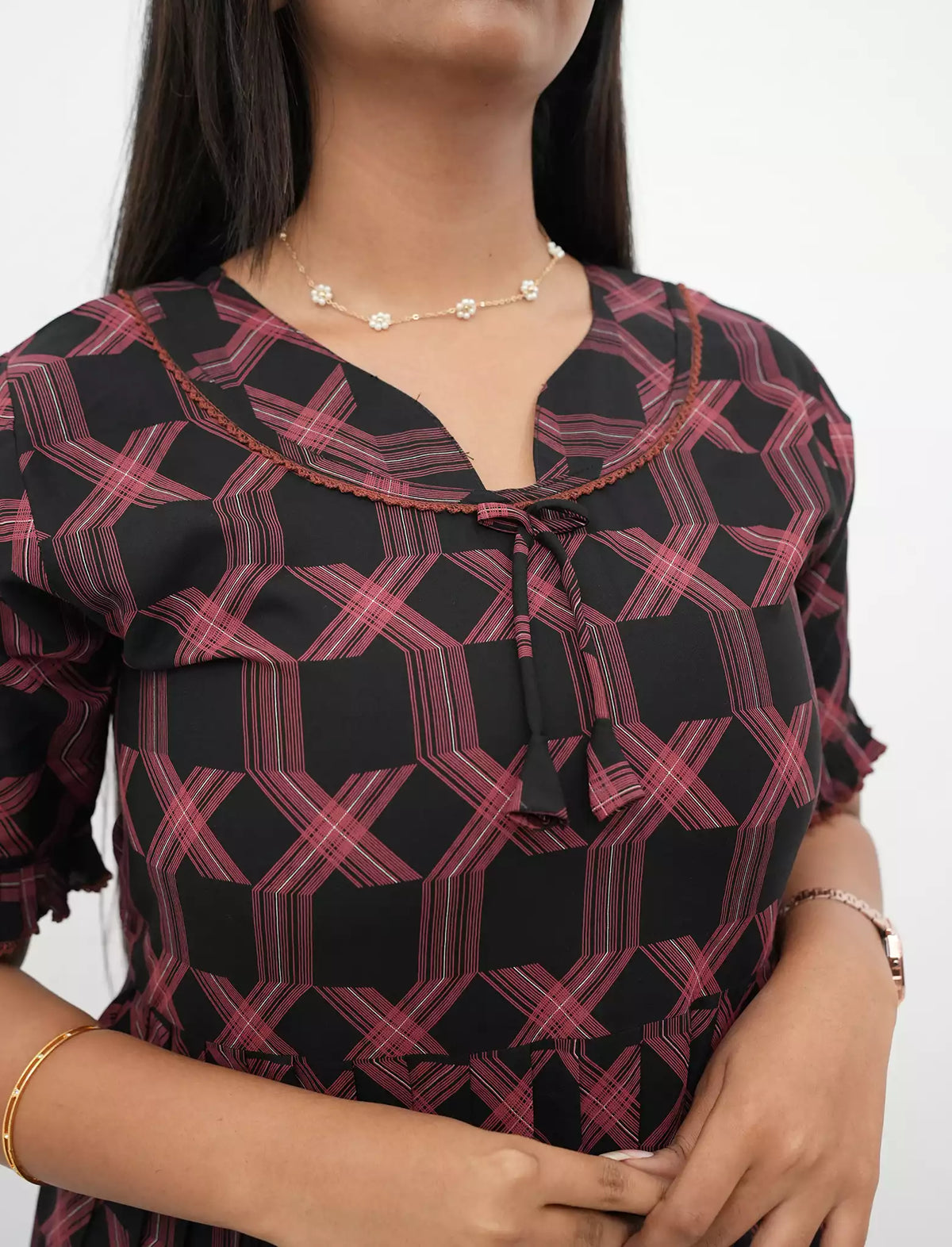 Maroon Rayon Full Flare Dress with Bow Neck Detail Women Nightwear - Mangai Nighties