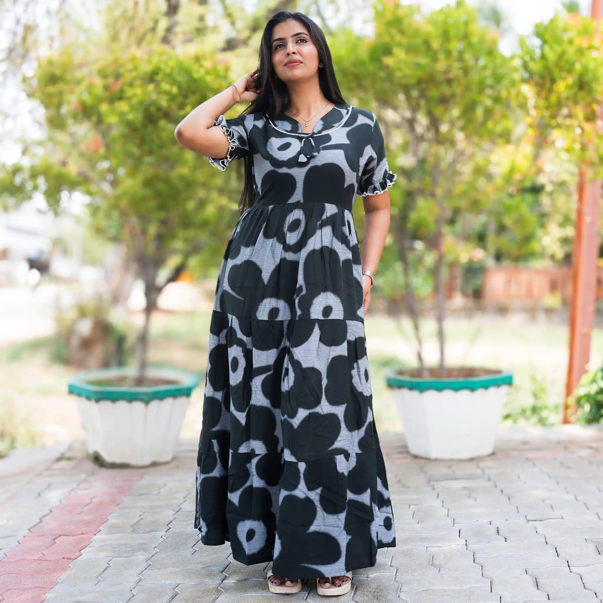 Rayon Long Flared Frock Side View - Mangai Nighties