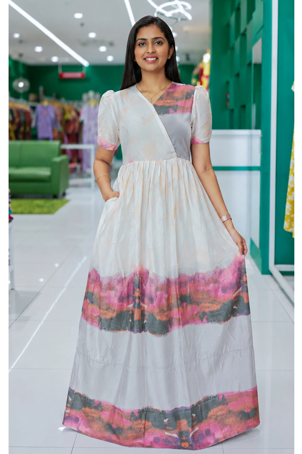 Rayon Sunset Abstract Print Long Frock with Puff Sleeve | Mangai Nighties