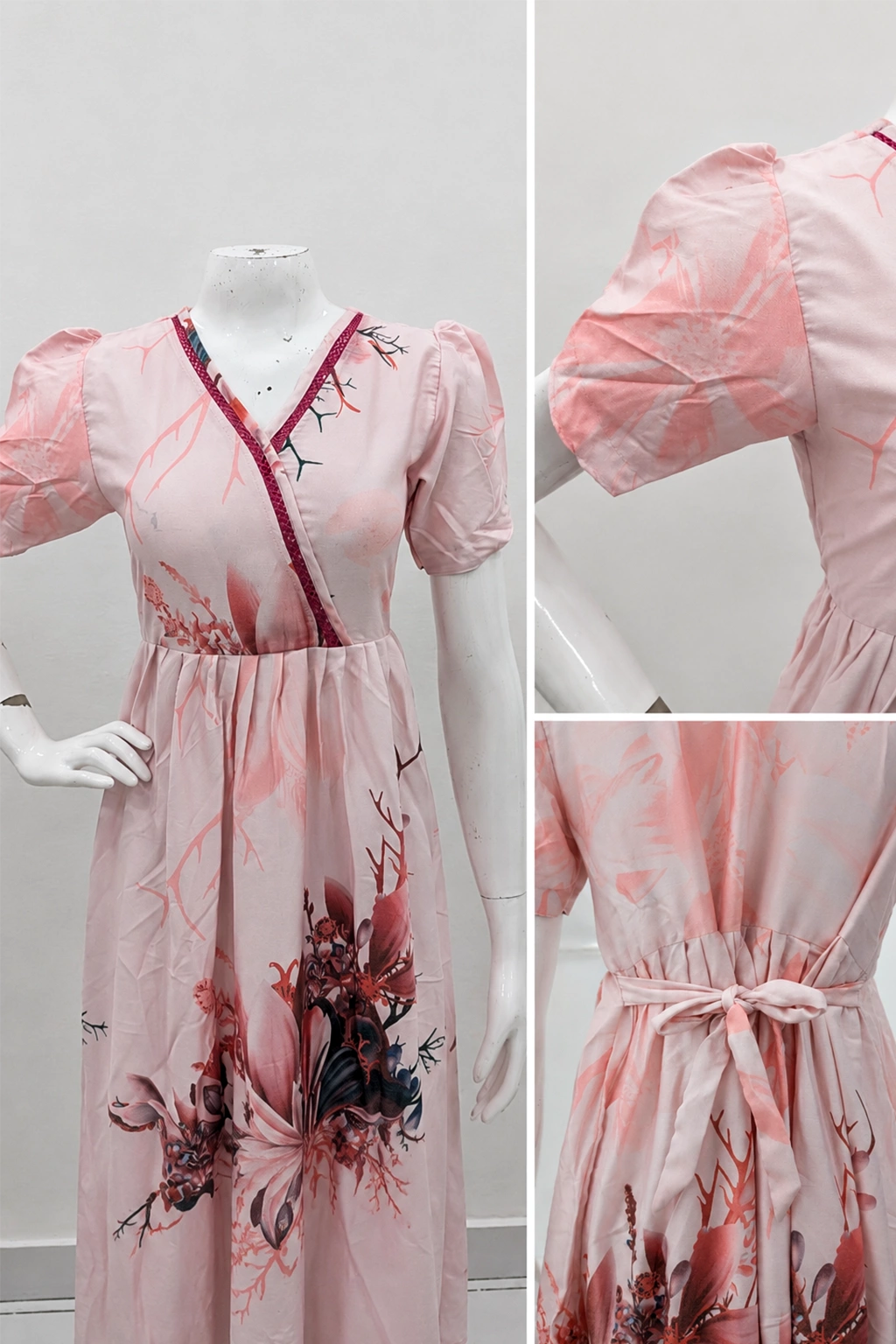 Cream Floral Rayon Long Frock with V Lace Neck, Pocket & Back Tie – Mangai Nighties