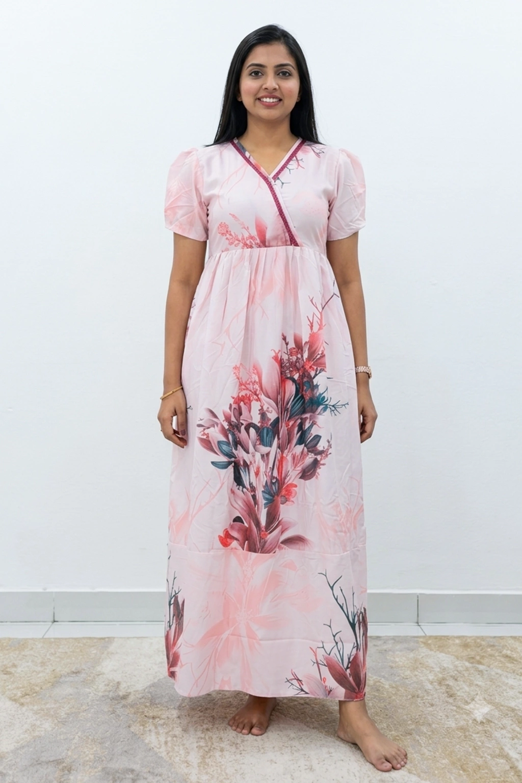 Cream Floral Rayon Long Frock with V Lace Neck, Pocket & Back Tie – Mangai Nighties