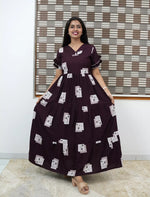 Brown Rayon Long Frock Butterfly Neck & Tie Rope for Women - Mangai Nighties