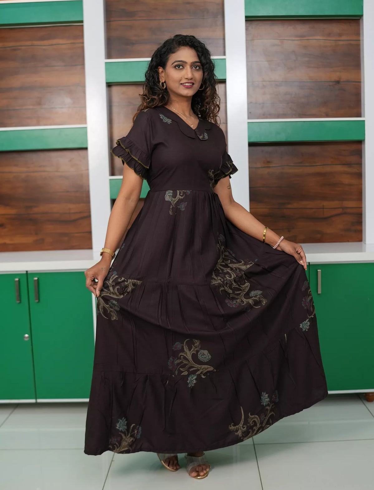 Dark Brown Rayon Long Frock Butterfly Neck & Tie Rope for Women - Mangai Nighties