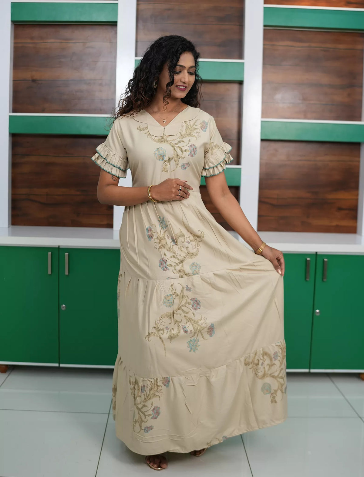Cream Printed Long Frock with Butterfly Neck Flar View - Mangai Nighties
