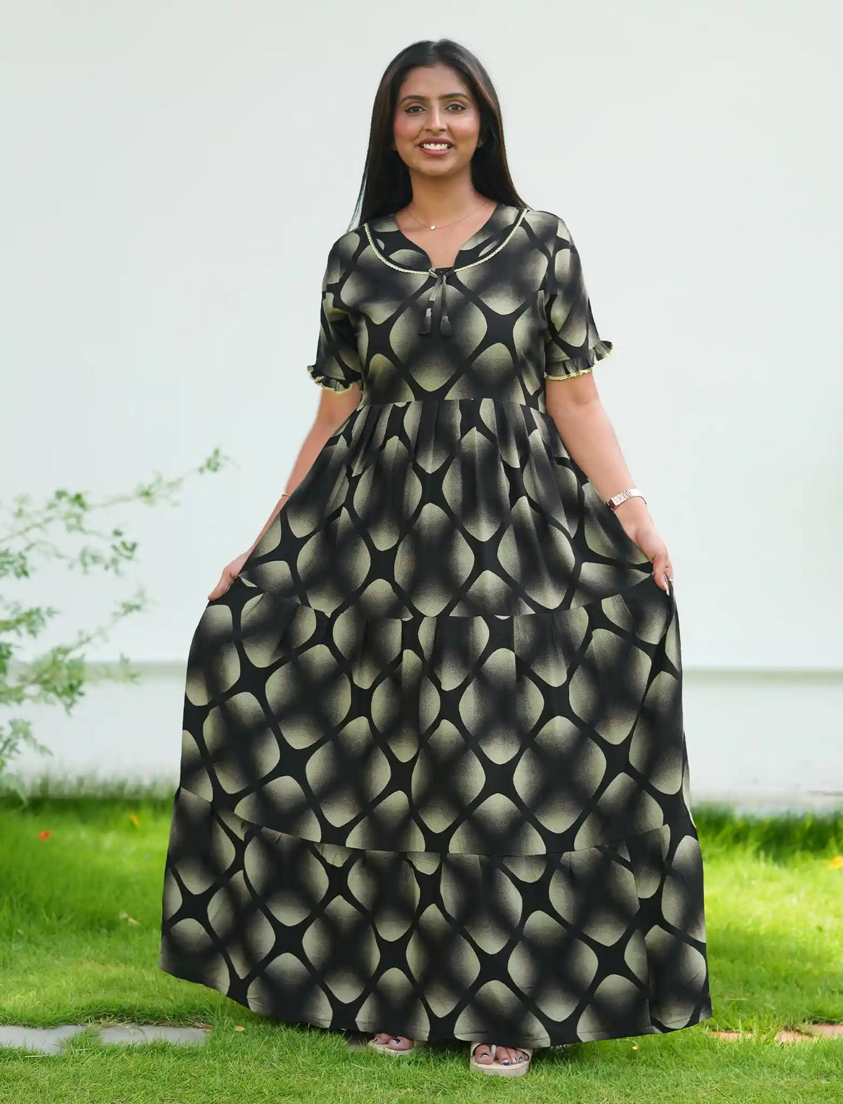 Green Rayon 3 Layer Long Frock with Back Tie & Pocket - Mangai Nighties