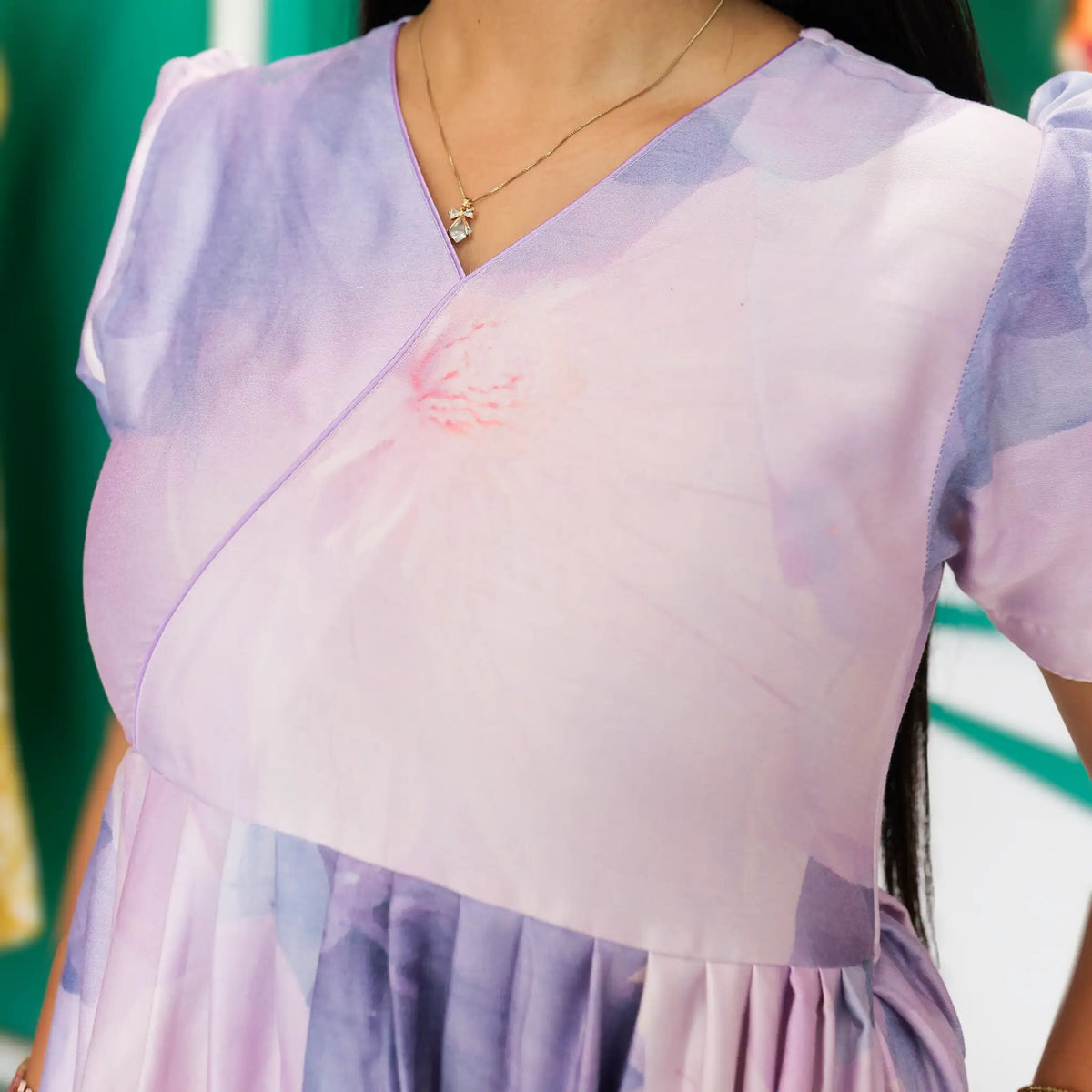 Lavender long rayon dress V Shape piping neckline - Mangai Nighties