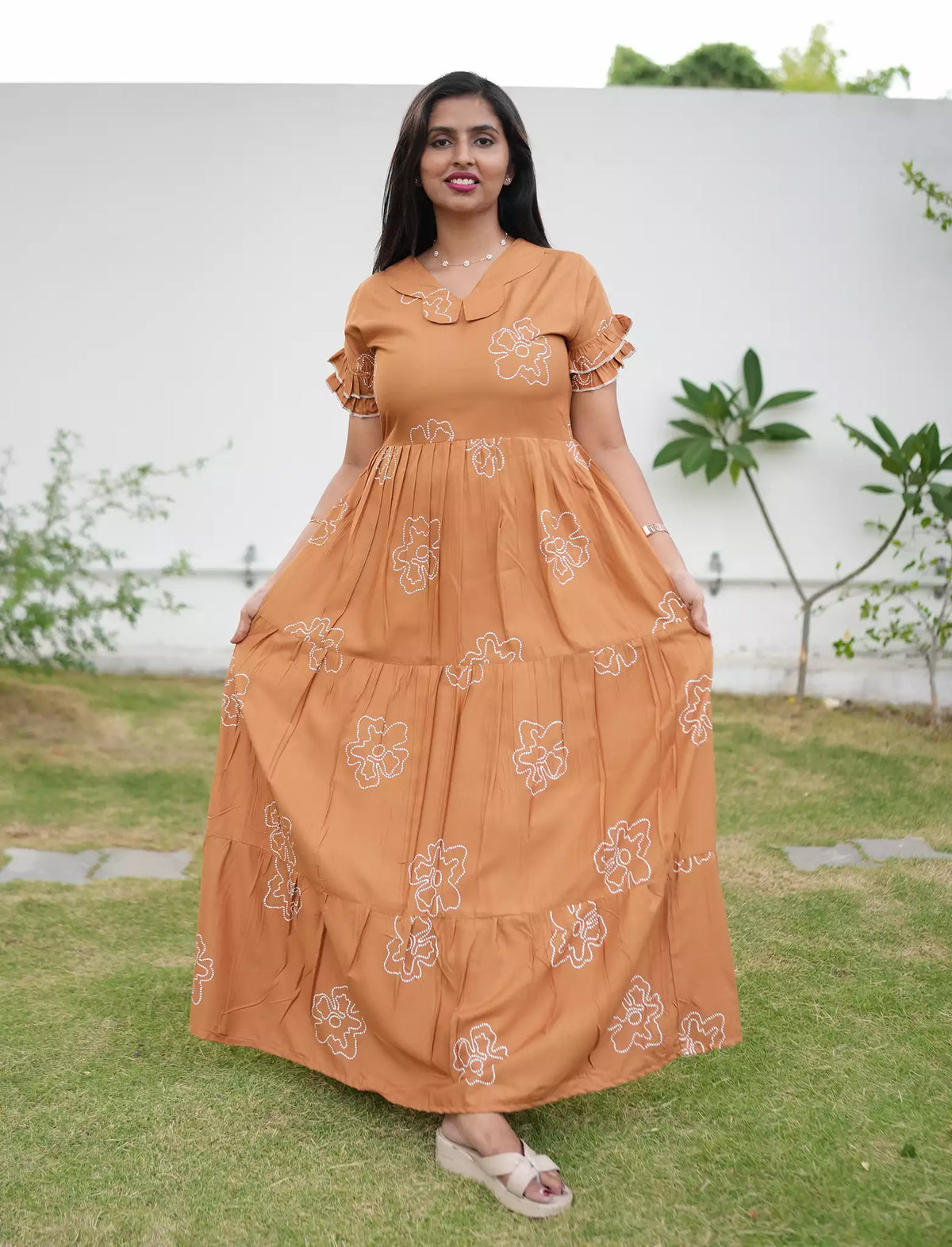 Mustard Brown Rayon Long Frock Butterfly Neck & Tie Rope for Women - Mangai Nighties