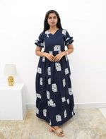 Navy Rayon Long Frock Butterfly Neck & Tie Rope for Women - Mangai Nighties