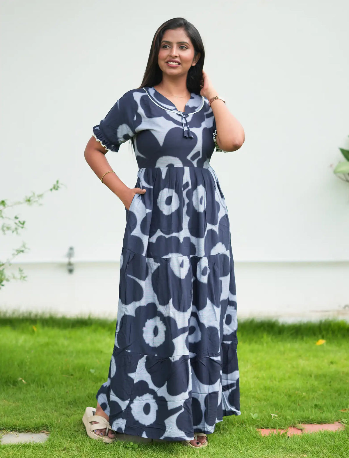 Rayon Fancy Full Flared Frock with Layer Finished Neck bow tie - Mangai Nighties
