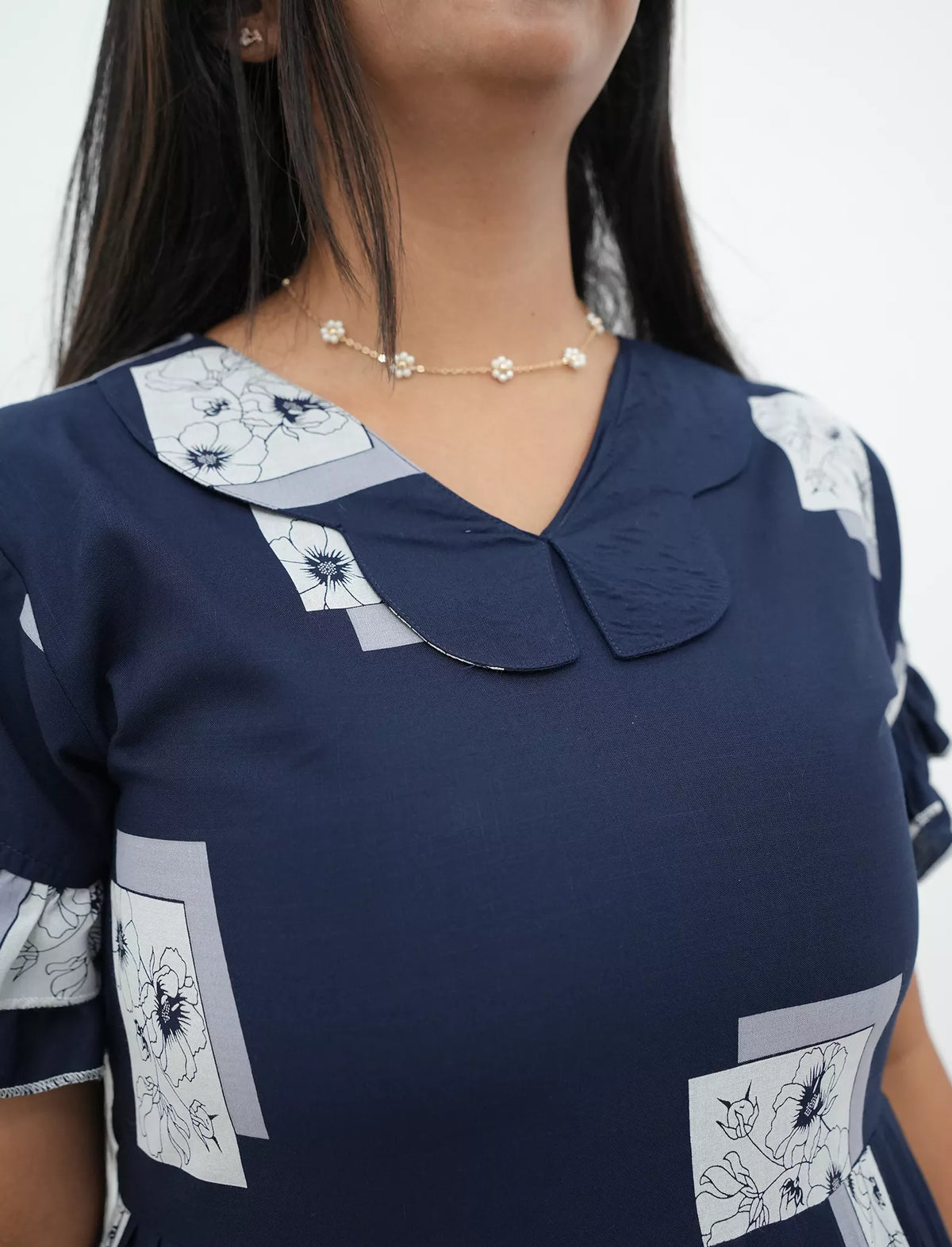 Butterfly Collar Navy Lounge Frock with Tie Back - Mangai Nighties