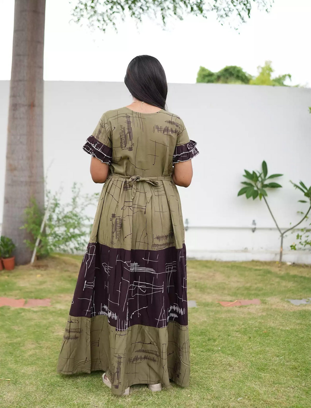 Olive Green Rayon Maxi Frock Back Tie Rope Side Pocket - Mangai Nighties