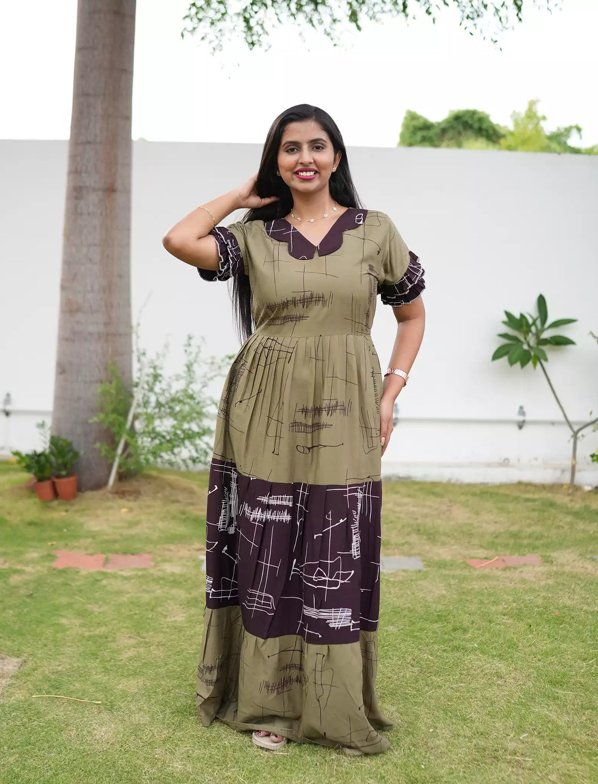 Casual Olive Green Printed Long Frock with Butterfly Neck Side View - Mangai Nighties