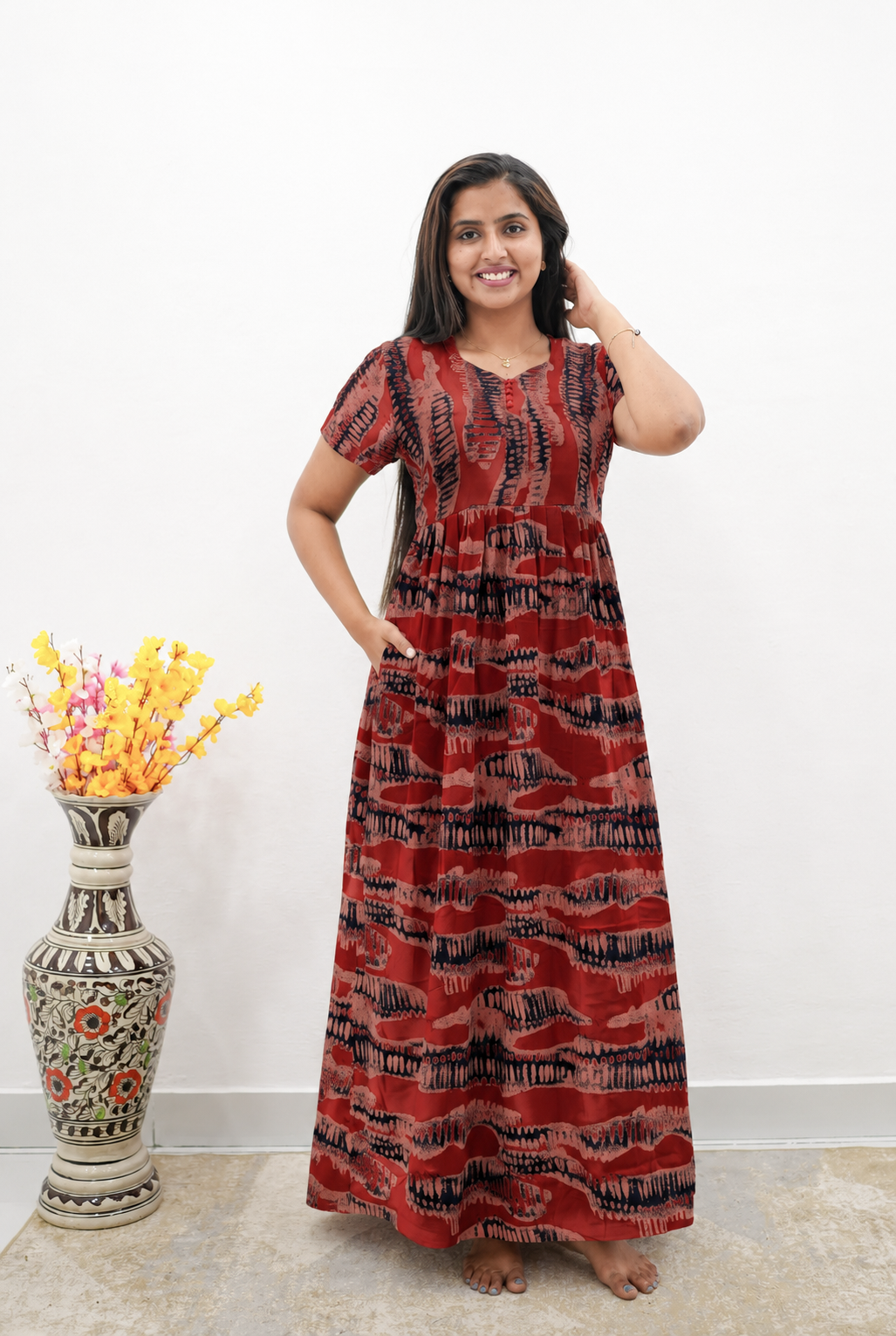Rayon Abstract Print Long Frock with Back Tie | Mangai Nighties