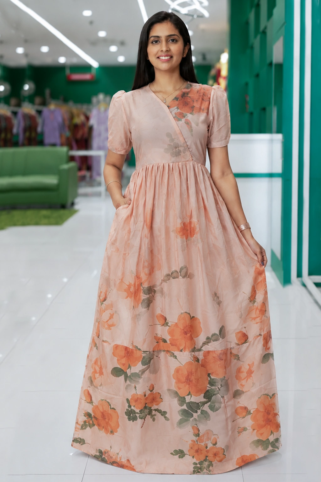 Sky Blue Rayon Long Frock with V Piping Neck, Pocket & Back Tie – Mangai Nighties