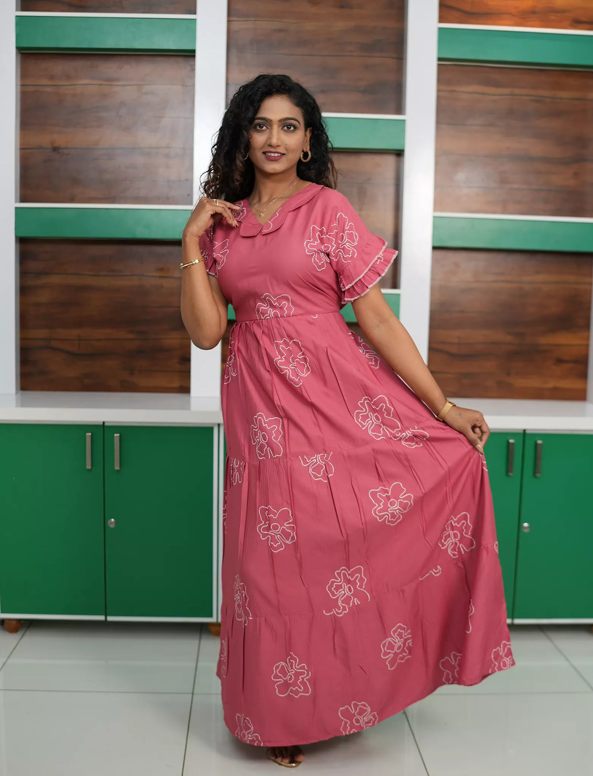 Casual Rose Pink Printed Long Frock with Butterfly Neck Side View - Mangai Nighties