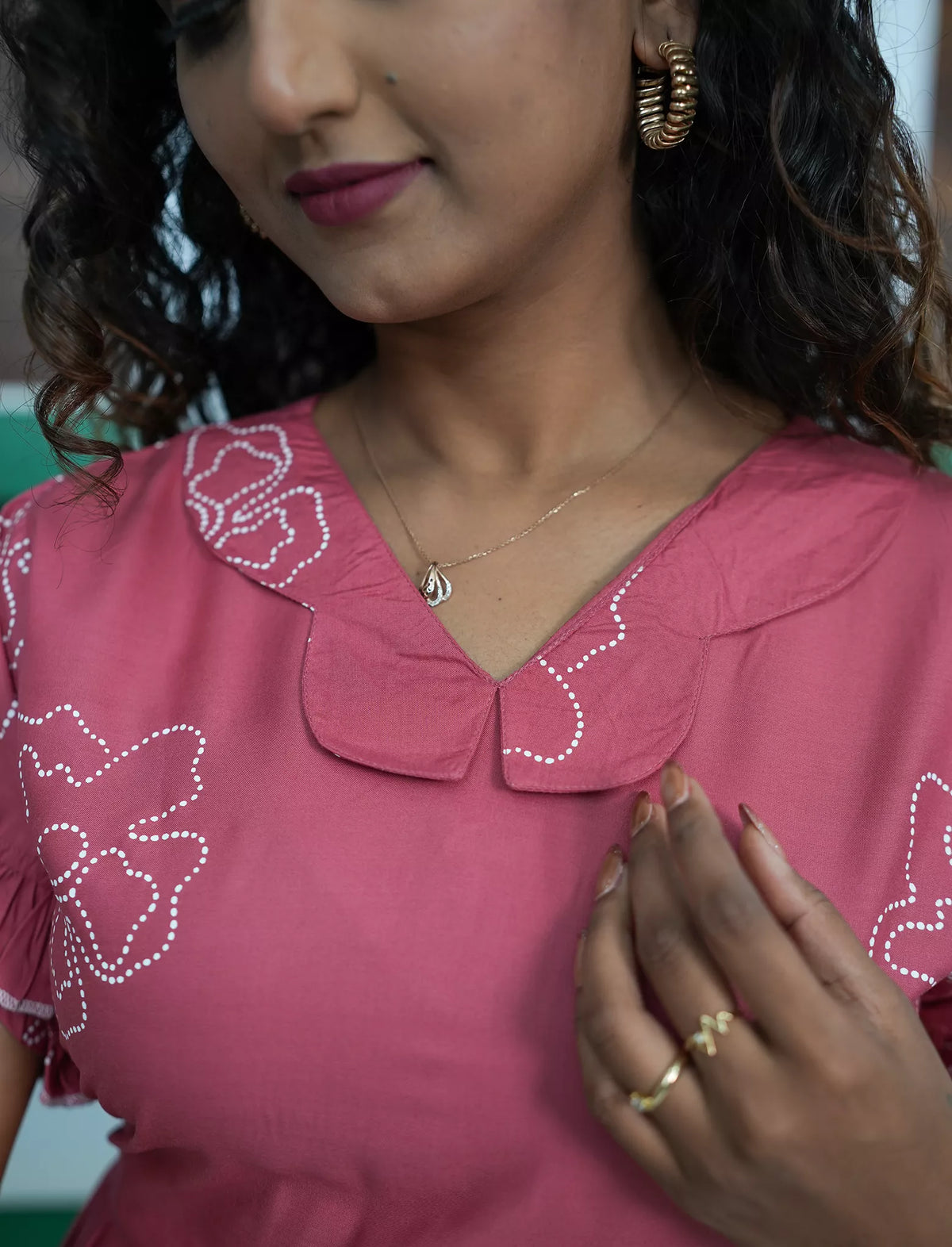 Butterfly Rose Pink Beige Lounge Frock with Tie Back - Mangai Nighties