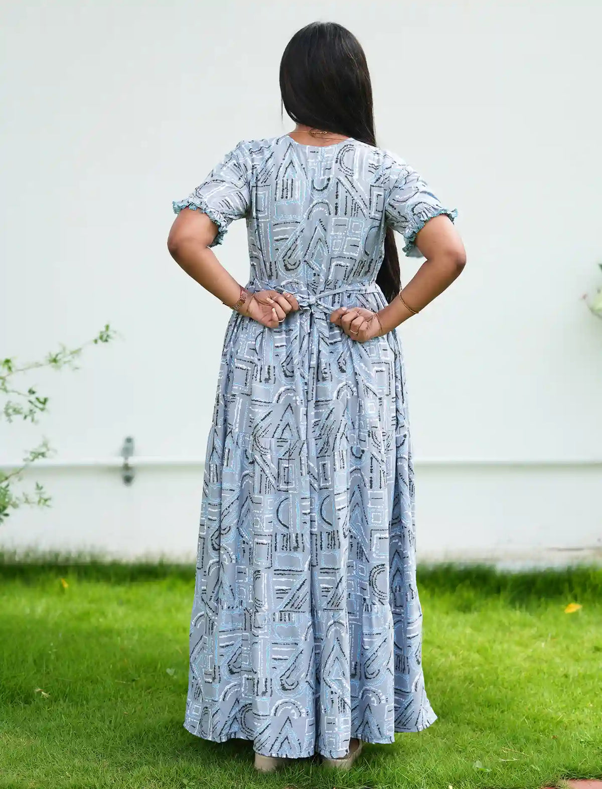 Sliver Grey Rayon Long Frock with Bow Neck and Back Tie - Mangai Nighties