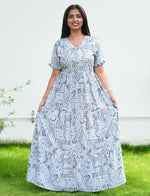 Sliver Grey Rayon Maxi Frock with Fancy Bow Neck & Back Tie - Mangai Nighties