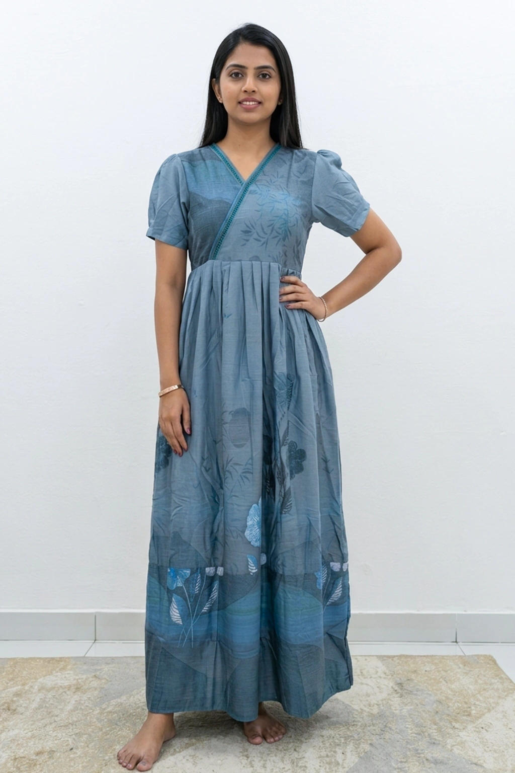 Rayon Floral Print Long Frock with Lace Neck | Mangai Nighties