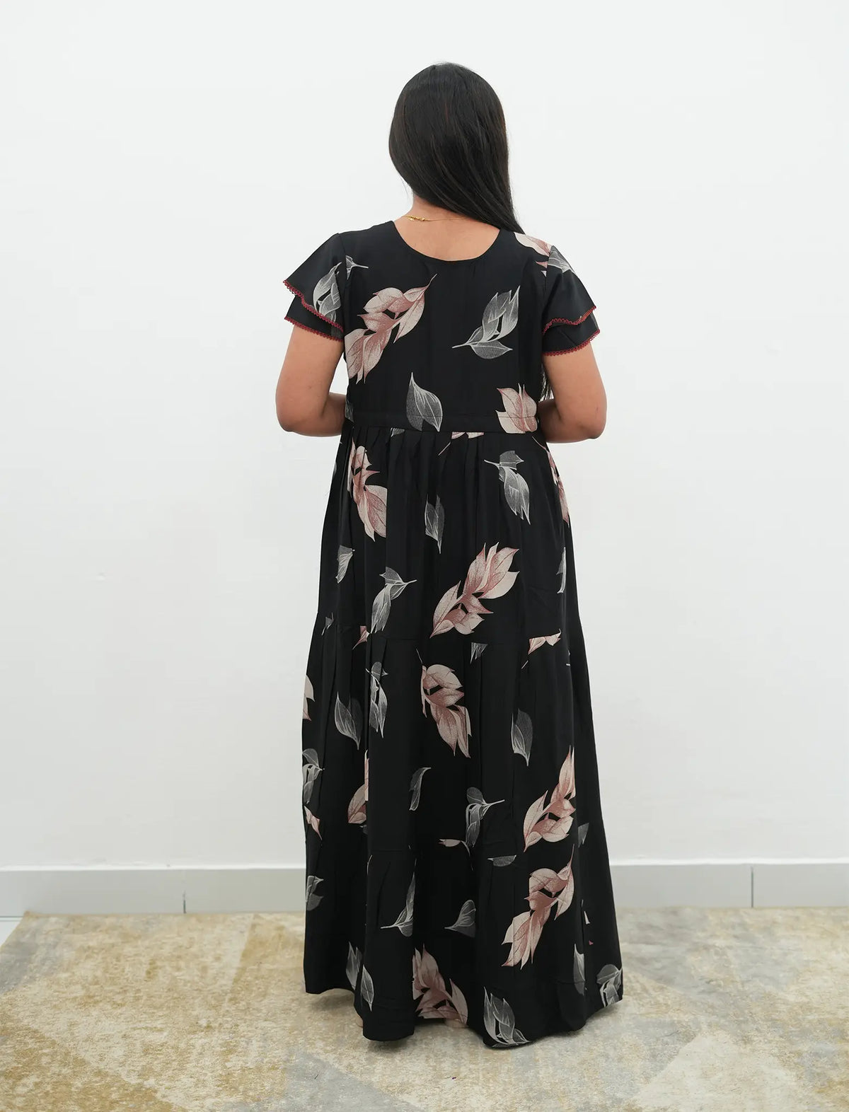 Black Rayon Leaf Print Gathering Full Frock with Front Adjustable Rope - Mangai Nighties