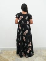 Black Rayon Leaf Print Gathering Full Frock with Front Adjustable Rope - Mangai Nighties