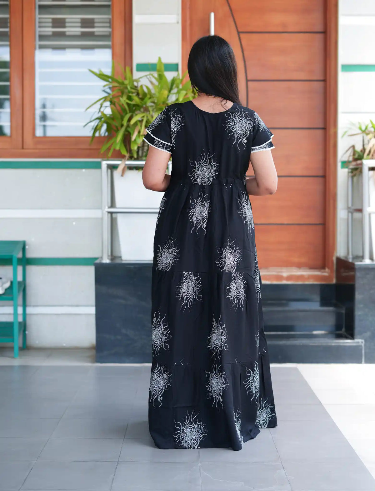 Navy Blue Rayon Sunburst Print Gathering Frock Nighty with Front Tie - Mangai Nighties