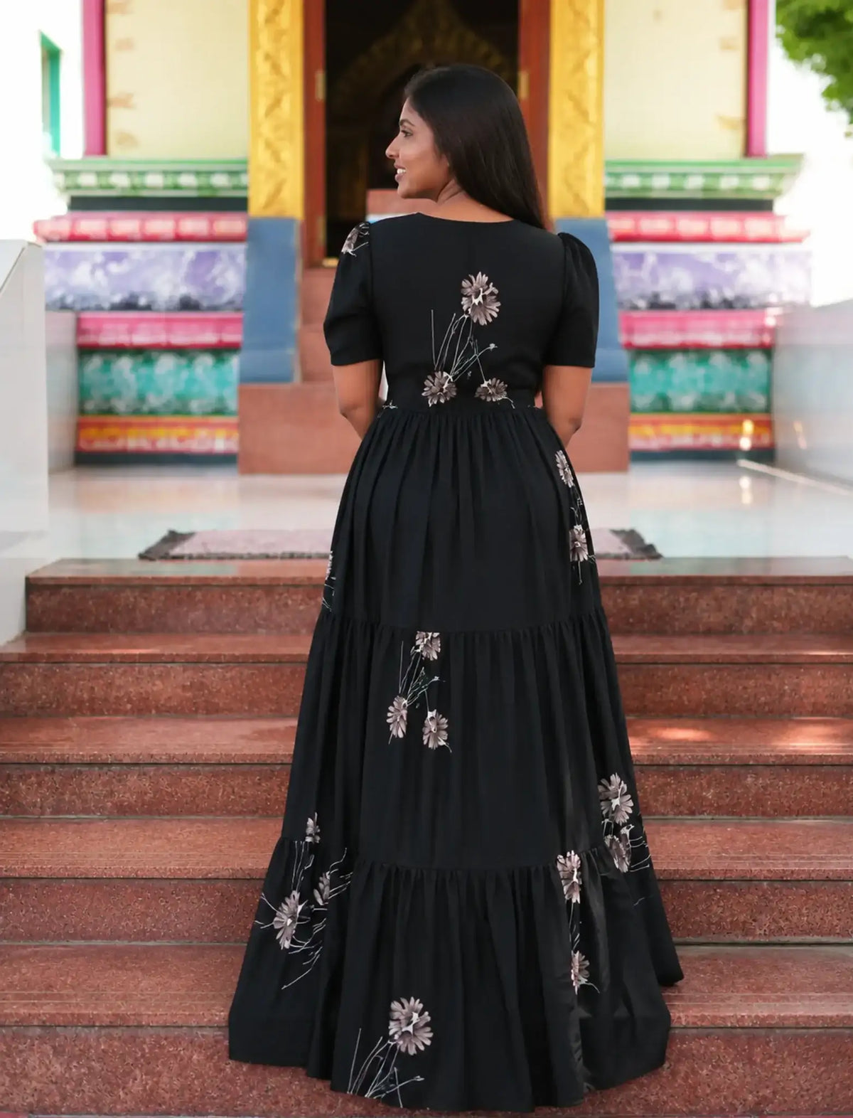 Navy Rayon Botanical Print Gathering Frock Night Gown with Front Tie - Mangai Nighties